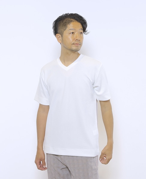 袋ジャガードストライプVネックTシャツ 詳細画像 ホワイト 15