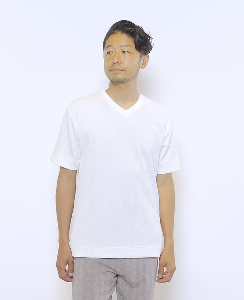 袋ジャガードストライプVネックTシャツ 詳細画像 ホワイト 2