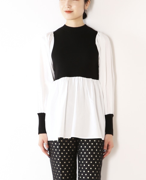 異素材切り替えペプラムニット