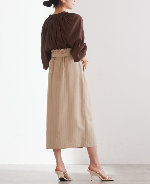 【雑誌 美ST 8月号掲載】ベルテッドロングタイトスカート（セットアップ対応可） 詳細画像 ベージュストライプ 11