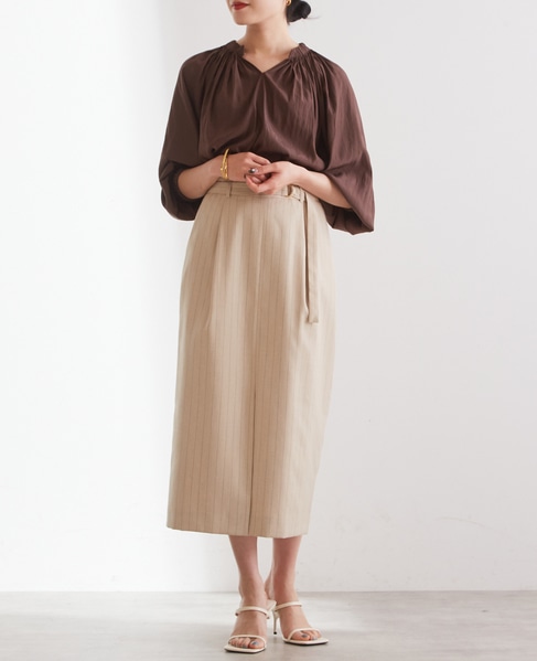 【雑誌 美ST 8月号掲載】ベルテッドロングタイトスカート（セットアップ対応可） 詳細画像 ベージュストライプ 8