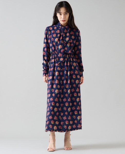 オールドローズプリントボウリボン付きワンピース 詳細画像 ネイビー 1