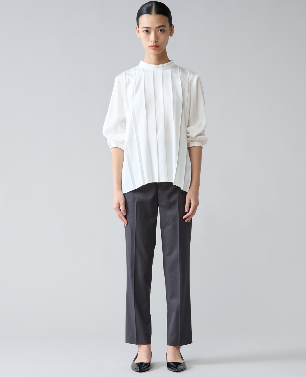 プリーツプリーズ ハイネック ブラウス 長袖 トップス ボルドー