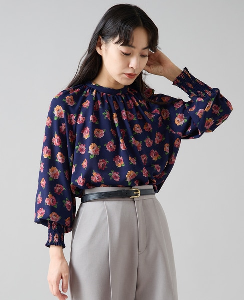 オールドローズプリントハイネックブラウス 詳細画像 ネイビー 2