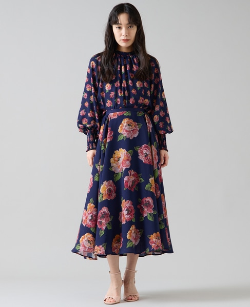 オールドローズプリントサイドタックサーキュラースカート 詳細画像 ネイビー 8