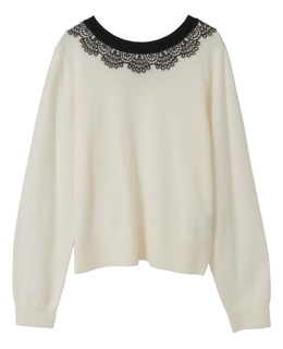 バイカラーレースネックニット