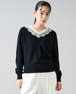 バイカラーレースネックニット