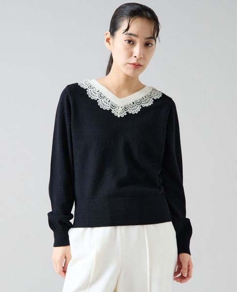 バイカラーレースネックニット 詳細画像 ブラック 1