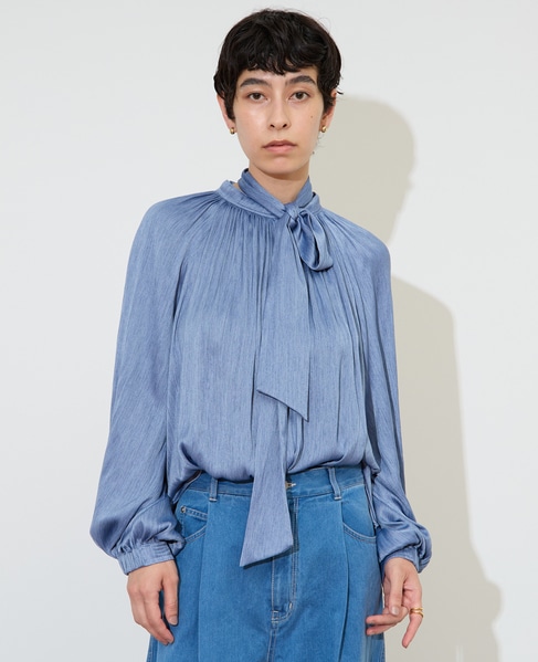 ボウタイ付きギャザーブラウス 詳細画像 サックス 1