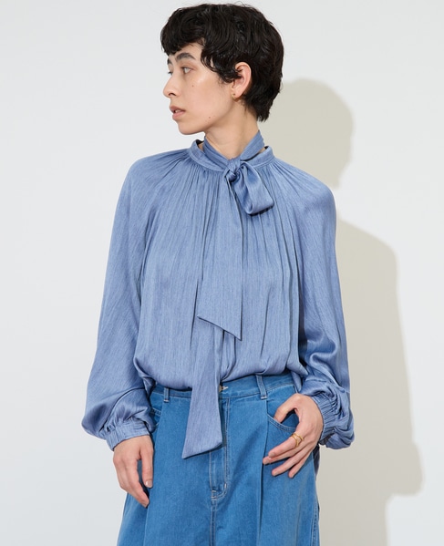 ボウタイ付きギャザーブラウス 詳細画像 サックス 3