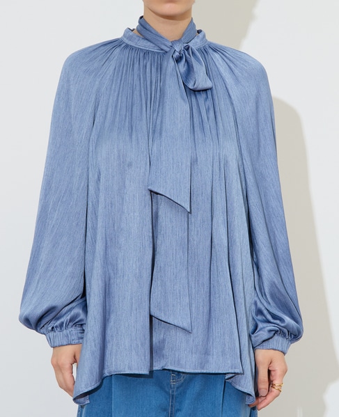 ボウタイ付きギャザーブラウス 詳細画像 サックス 9