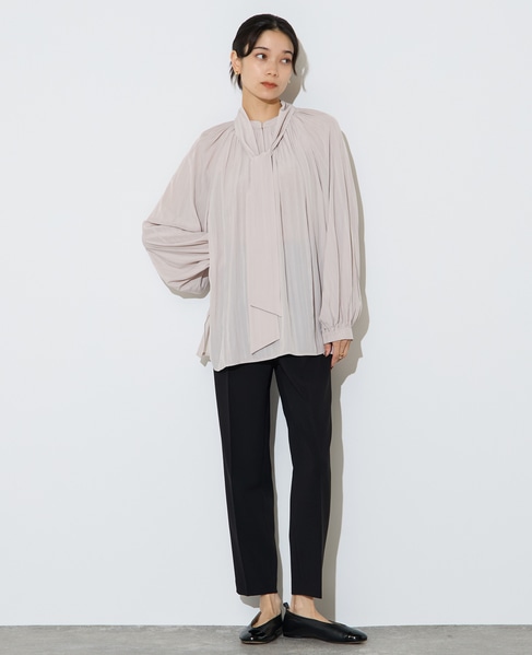 ボウタイ付きギャザーブラウス 詳細画像 ベージュ（ストライプ） 5