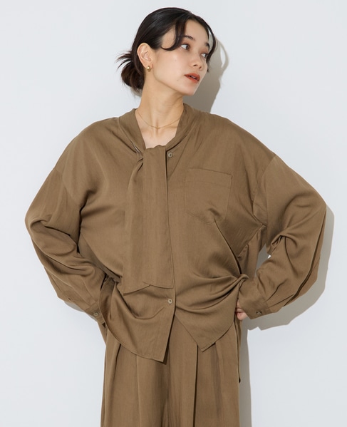 フィブリルツイルワーク調ボウタイブラウス 詳細画像 モカ 4