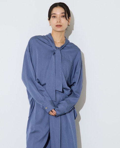 フィブリルツイルワーク調ボウタイブラウス 詳細画像 ブルー 2