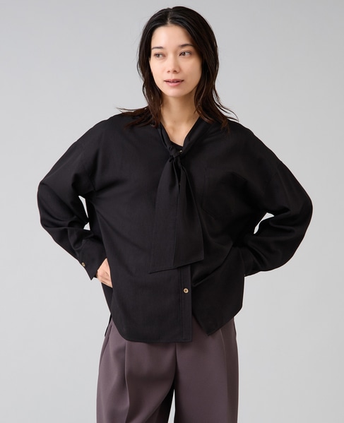 フィブリルツイルワーク調ボウタイブラウス 詳細画像 ブラック 1