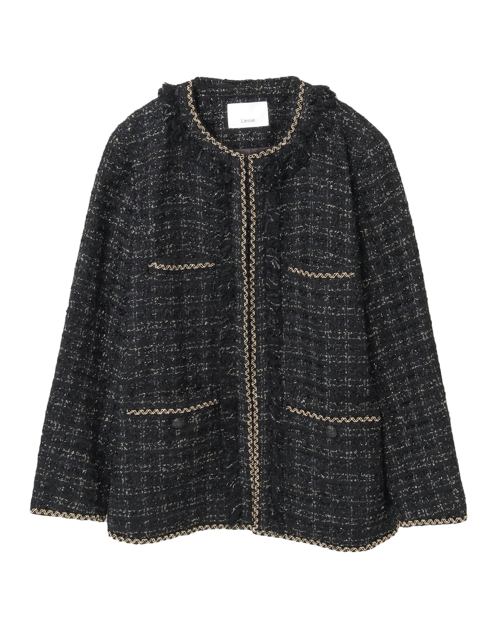 ツイード　ノーカラー　ジャケット　リエス　Liesse 定価¥42,900 ファンシーツイード・ノーカラージャケット/40代50代からの