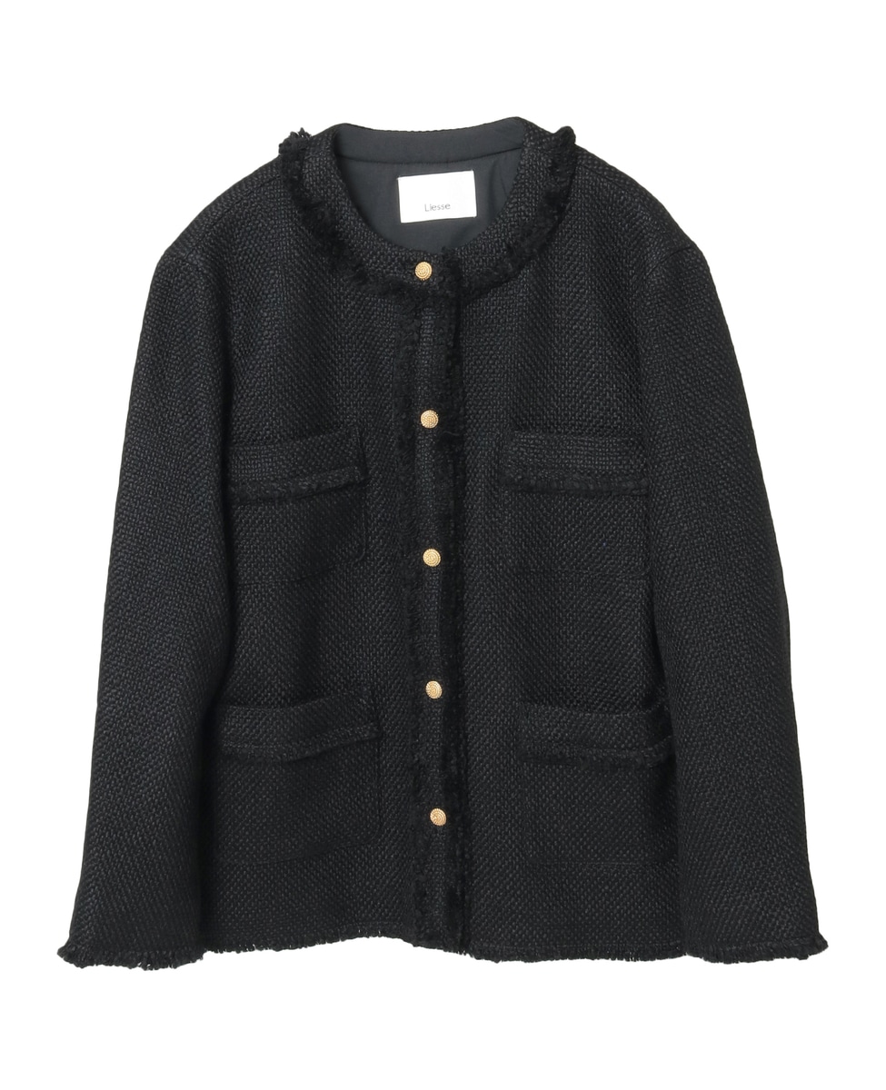ツイード　ノーカラー　ジャケット　リエス　Liesse 定価¥42,900 Liesse｜ブレード使いノーカラーツイードジャケット | Rakuten