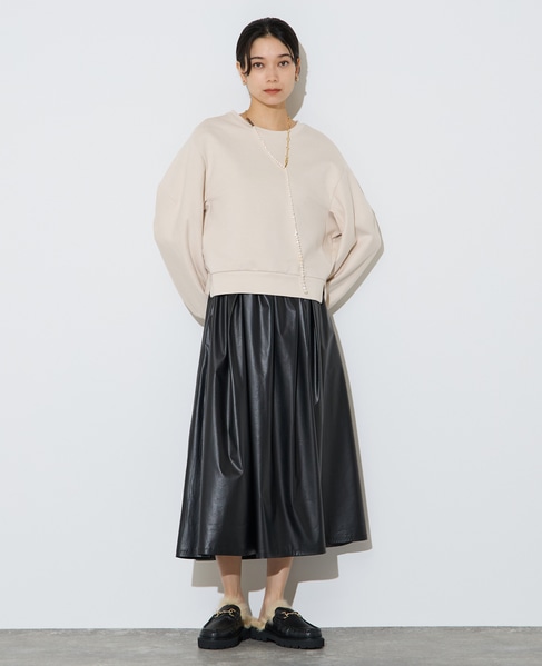 レザー調タックフレアスカート 詳細画像 ブラック 2