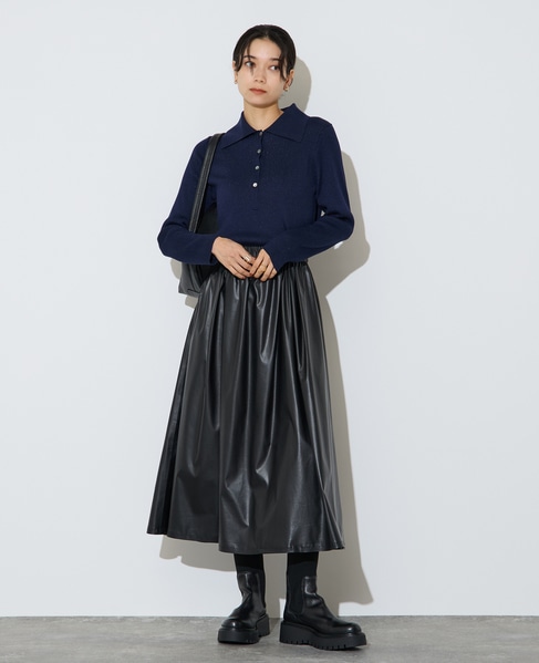 レザー調タックフレアスカート 詳細画像 ブラック 8