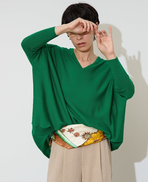 【定番】前後V袖リブオーバーニット 詳細画像 グリーン 3