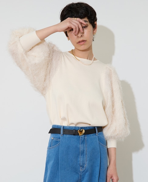 フェザーコンビボリュームスリーブニット 詳細画像 アイボリー 2