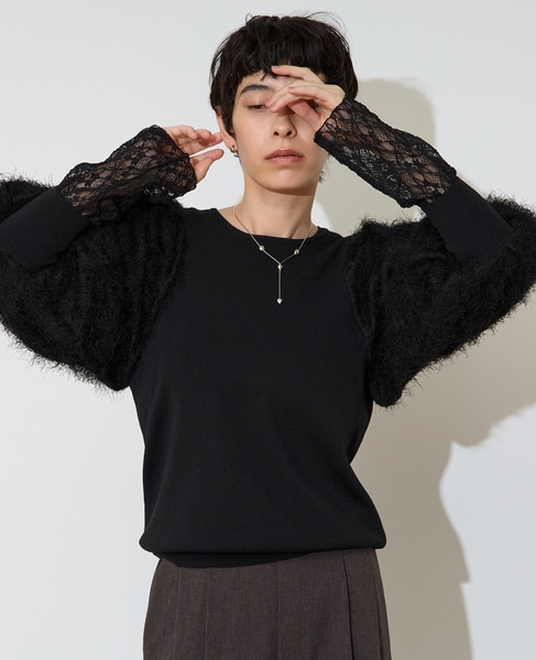 フェザーコンビボリュームスリーブニット 詳細画像 ブラック 3