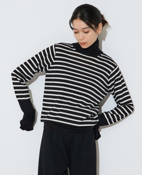 ウォッシャブルウールタートルニット 詳細画像 ボーダー 1