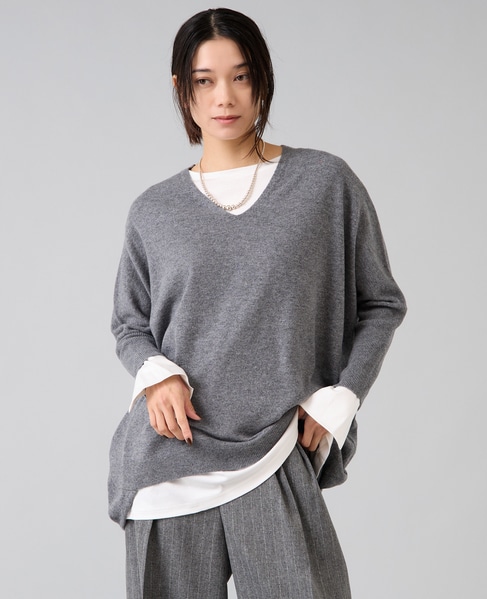 【定番】カシミア混Vネックビッグニット 詳細画像 杢グレー 1