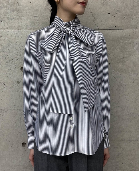 ボウタイハイネックボタンブラウス 詳細画像 ホワイト×ネイビー 11