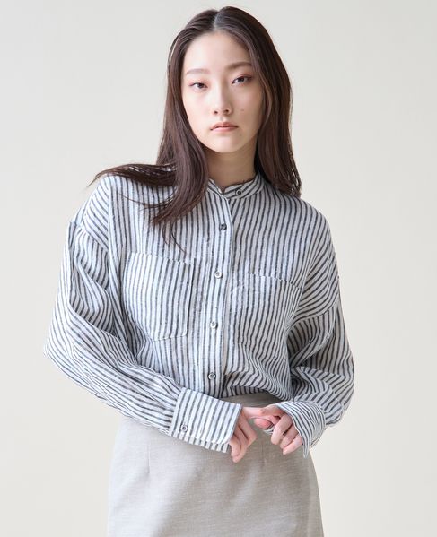 リネンバンドカラーシャツ 詳細画像 ホワイト&times;ブルー 2