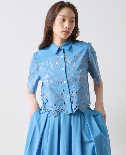 カットワークレースショートスリーブシャツ 詳細画像 ブルー 2