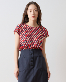 トリコロールプリントフレンチスリーブブラウス