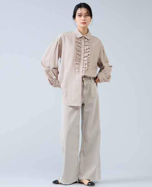 シャンブレーフリルシャツブラウス 詳細画像 ベージュ 2
