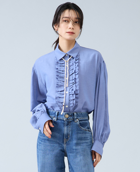 シャンブレーフリルシャツブラウス 詳細画像 サックスブルー 1