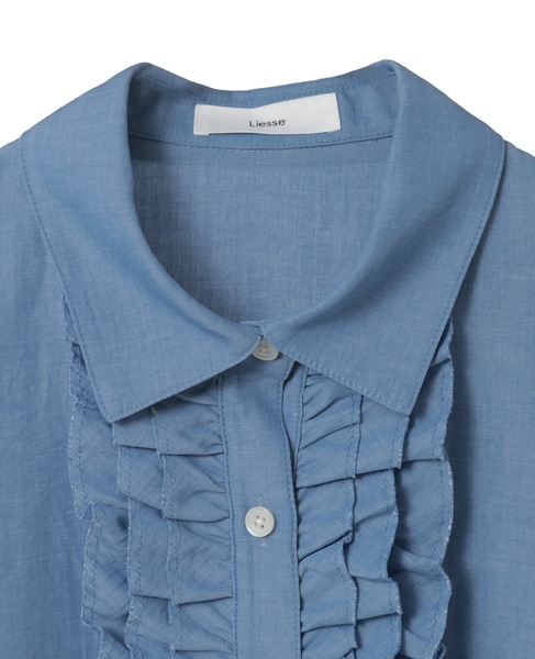 シャンブレーフリルシャツブラウス 詳細画像 サックスブルー 9