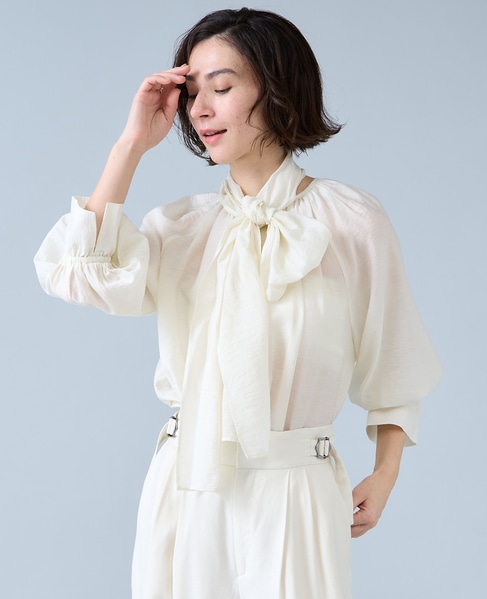 ボウタイ付きギャザーブラウス 詳細画像 アイボリー 2