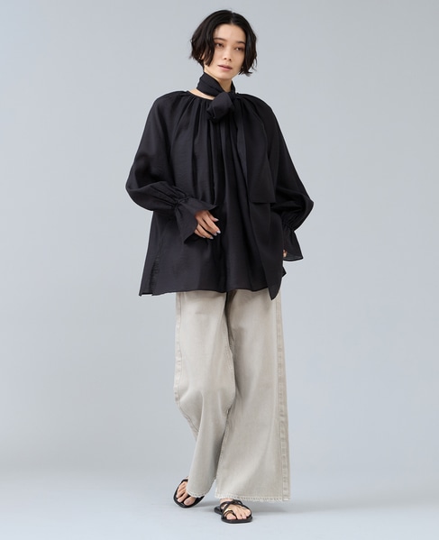 ボウタイ付きギャザーブラウス 詳細画像 ネイビー 3