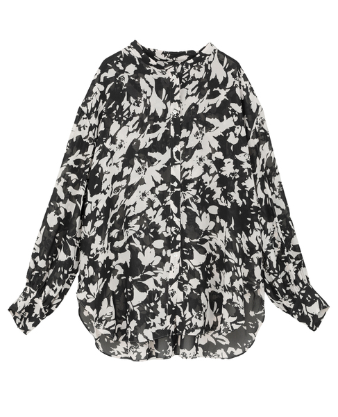 強撚割繊フラワープリントシャツブラウス 詳細画像 ブラック 7