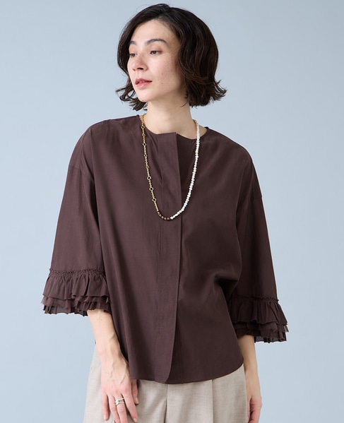 フリルスリーブスキッパーブラウス 詳細画像 ブラウン 1