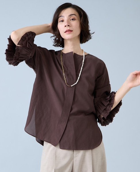 フリルスリーブスキッパーブラウス 詳細画像 ブラウン 2