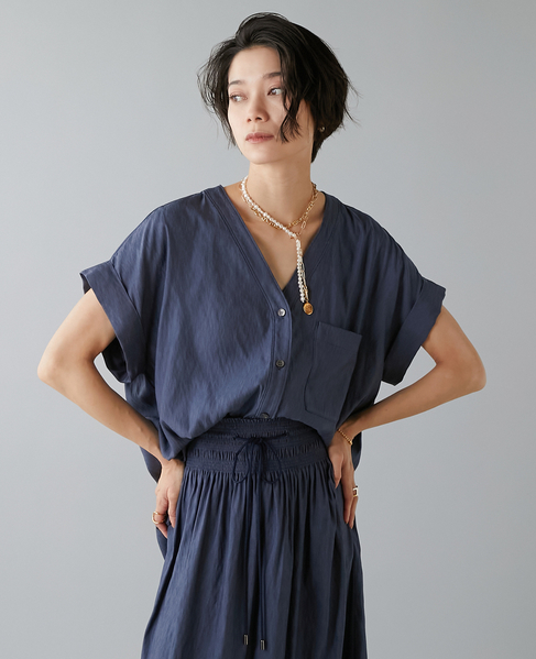 フレンチスリーブギャザーブラウス 詳細画像 ネイビー 1