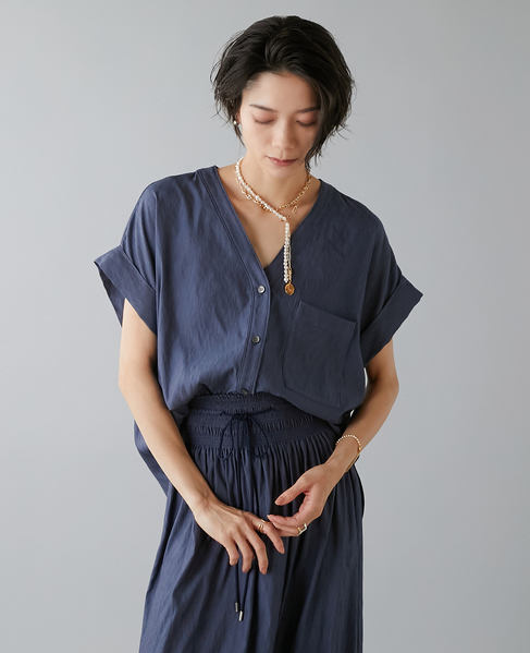 フレンチスリーブギャザーブラウス 詳細画像 ネイビー 2