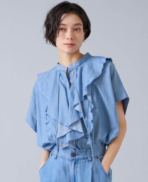 シアーデニムフリルブラウス 詳細画像 ライトブルー 2