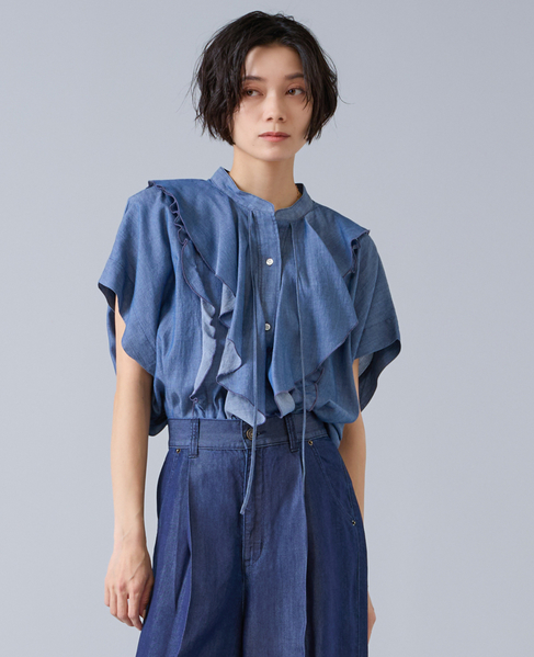 シアーデニムフリルブラウス 詳細画像 ネイビー 1
