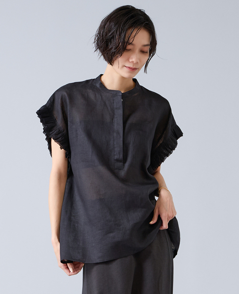 【定番】リネンギャザースリーブブラウス 詳細画像 ブラック 1