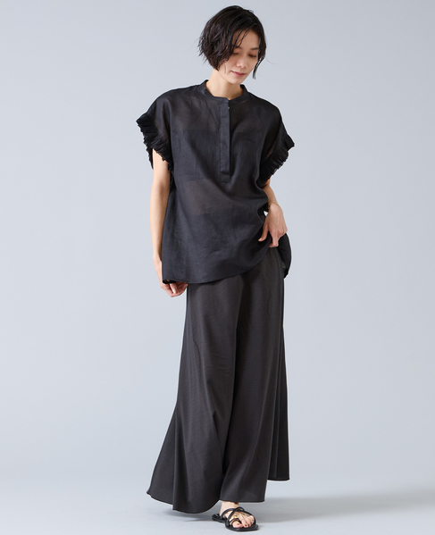 【定番】リネンギャザースリーブブラウス 詳細画像 ブラック 2