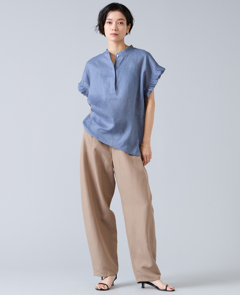 【定番】リネンギャザースリーブブラウス 詳細画像 ブルー 3