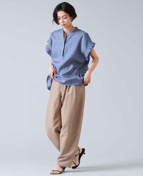 【定番】リネンギャザースリーブブラウス 詳細画像 ブルー 4