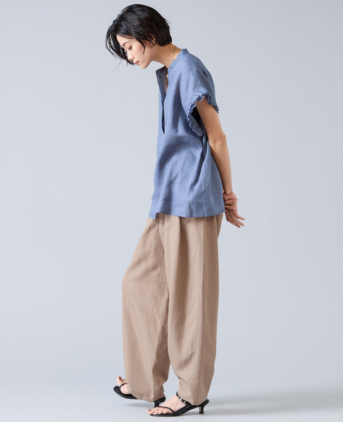 【定番】リネンギャザースリーブブラウス 詳細画像 ブルー 5