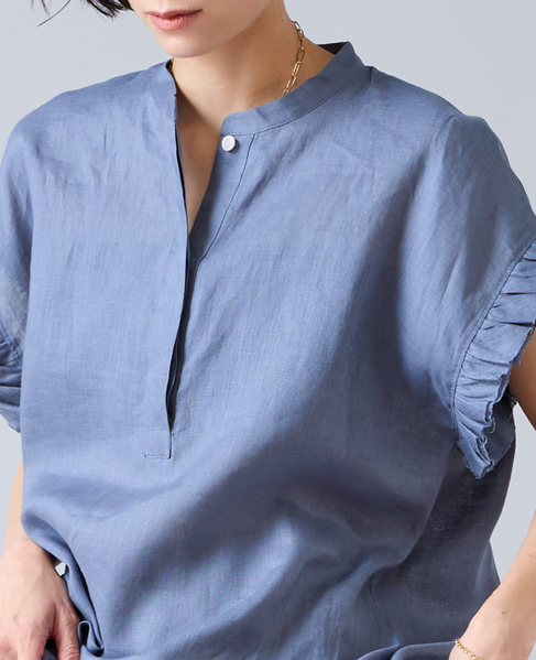 【定番】リネンギャザースリーブブラウス 詳細画像 ブルー 8
